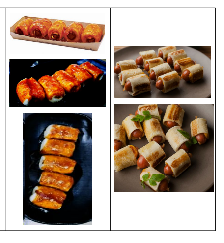 Photo collage of skewered sausage rice cake (tteok-kkochi) snacks on plates