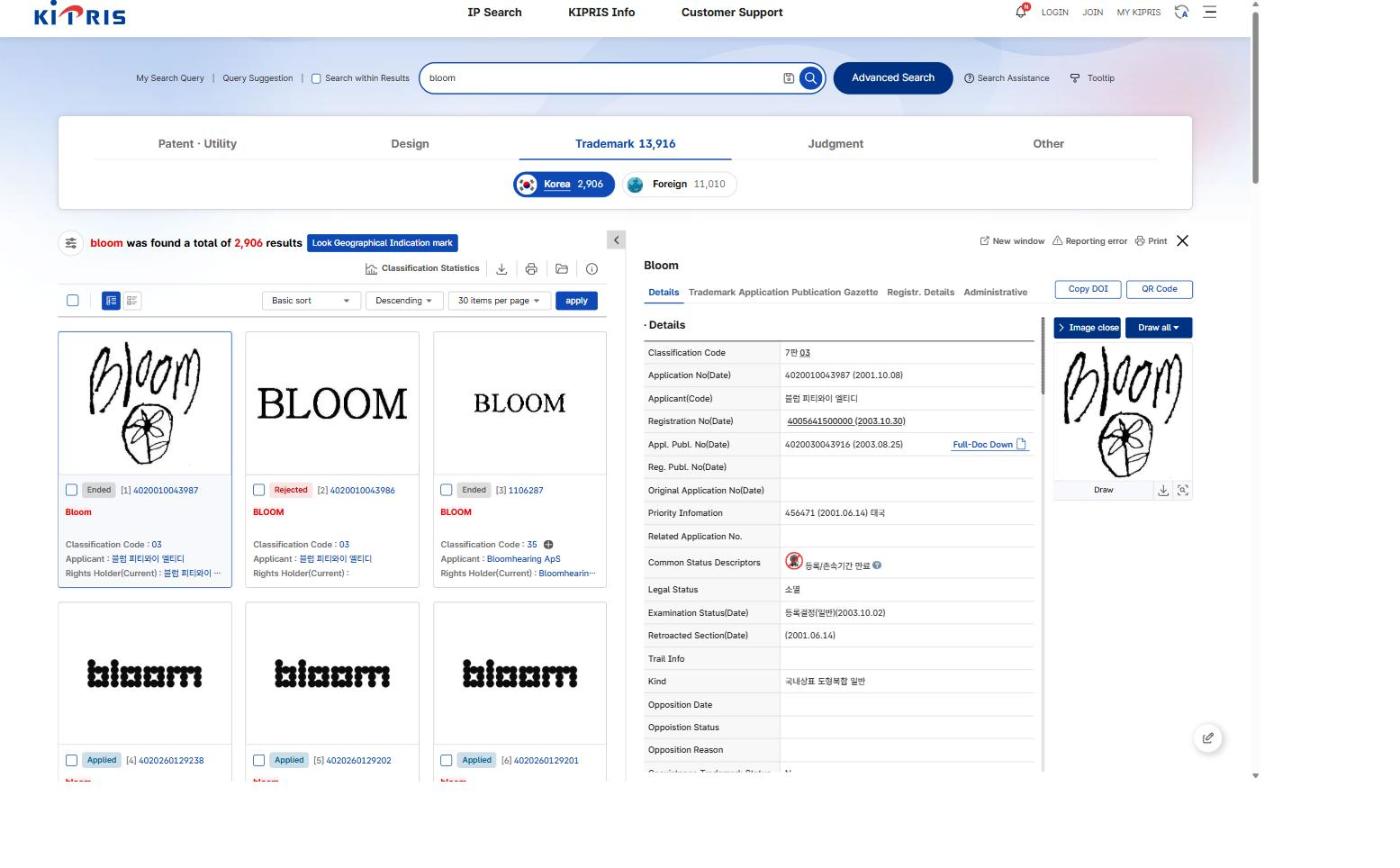 KIPRIS trademark record detail with legal status information